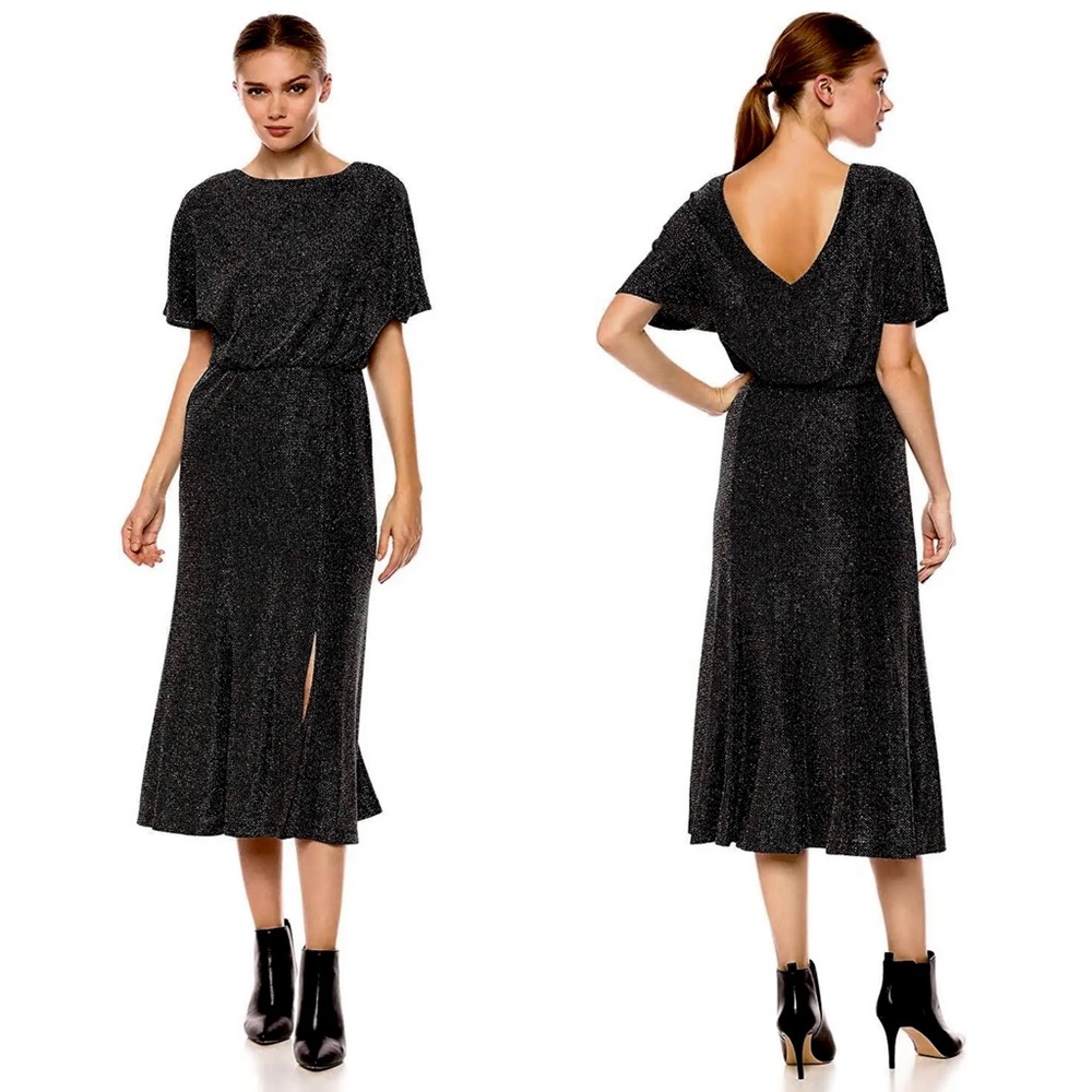 DONNA MORGAN Metallic Sparkle Knit Short Sleeve V-Back Side Slit Midi Dress‎ 8
